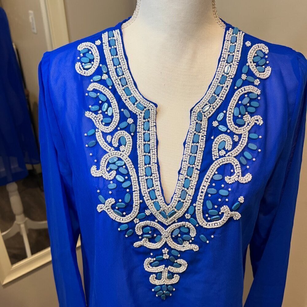 Club Z Collection Royal Blue beaded sheer cover up tunic, Size Medium - Picture 2 of 15
